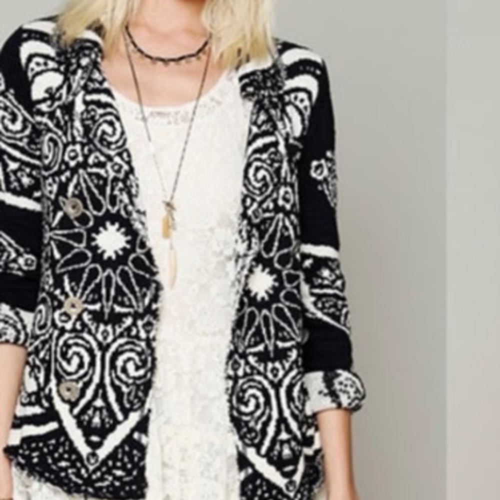 Free People Smitten Kitten Mandala Print Knit Cardigan Sweater S Fringe Boho